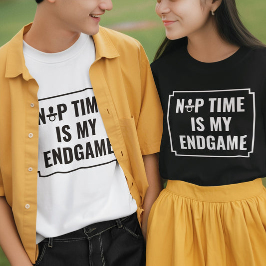 Nap Time Is My Endgame black and white text shirt design for gaming parents