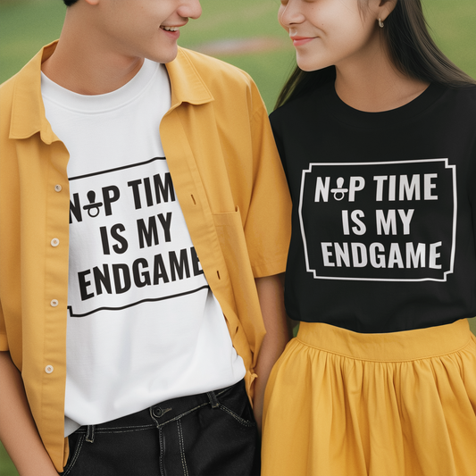 Nap Time Is My Endgame black and white text shirt design for gaming parents