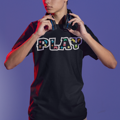 Close-up of PLAY gaming shirt design featuring classic gaming controllers and nostalgic elements