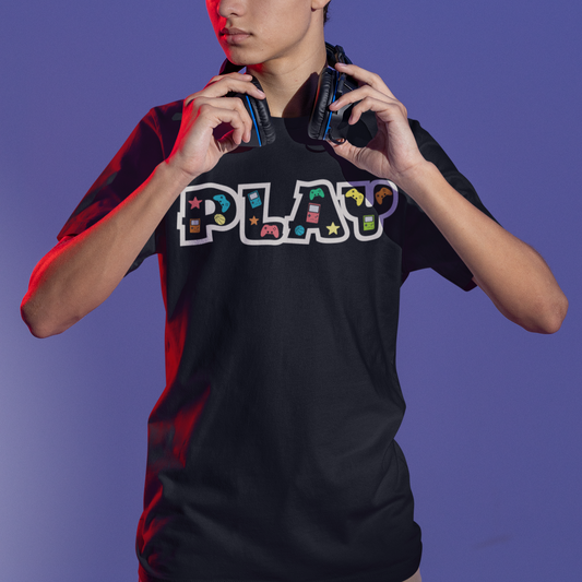 Close-up of PLAY gaming shirt design featuring classic gaming controllers and nostalgic elements